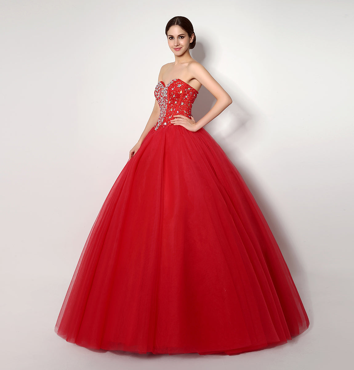 7‑Day Dispatch Strapless Sweetheart Red Tulle Ball Gown Beaded Corset Back Quinceañera Formal Dress