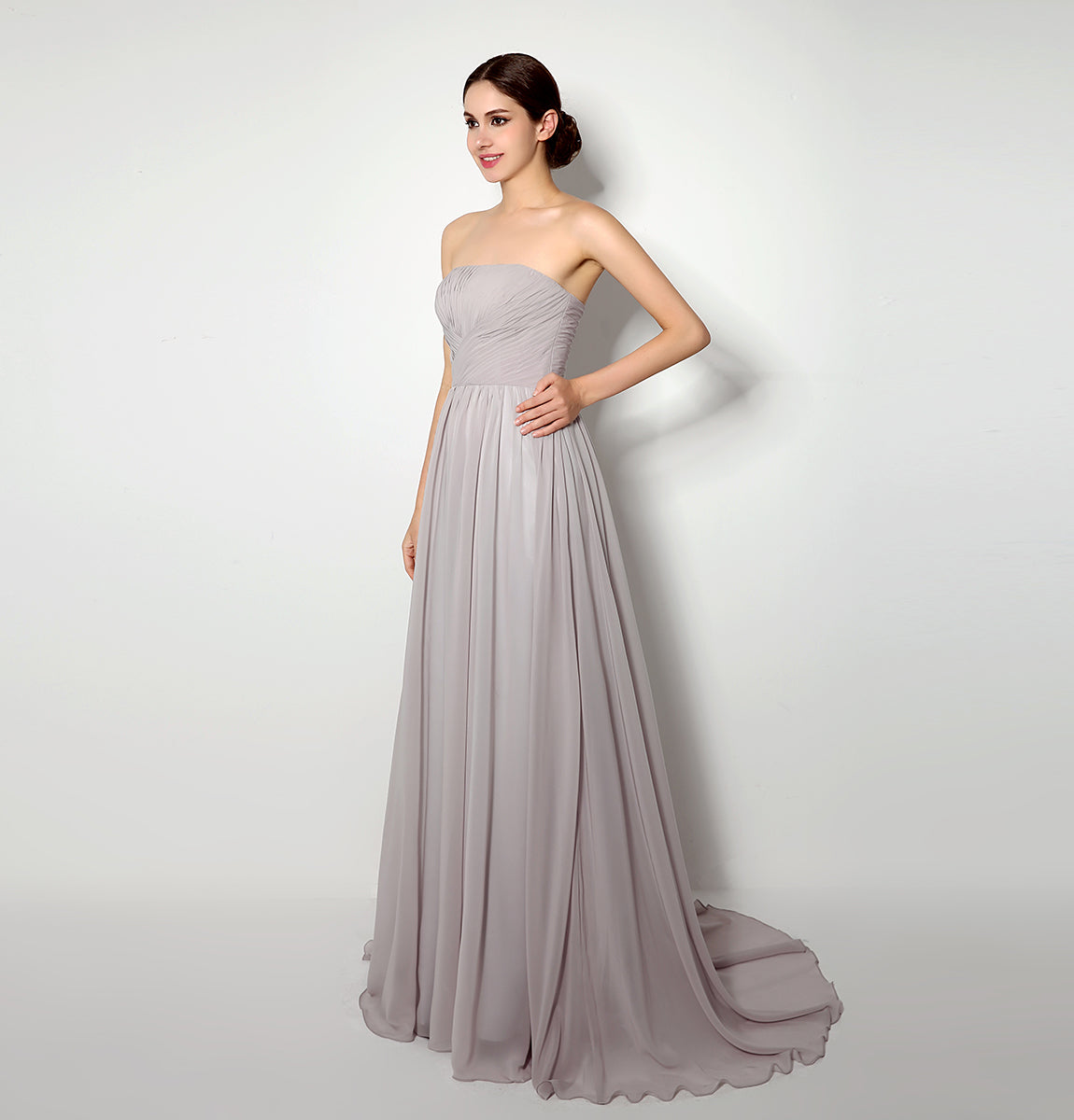 72‑Hour Dispatch Strapless Ruched Dusty Gray Chiffon Bridesmaid Dress Flowing Floor‑Length Evening Gown