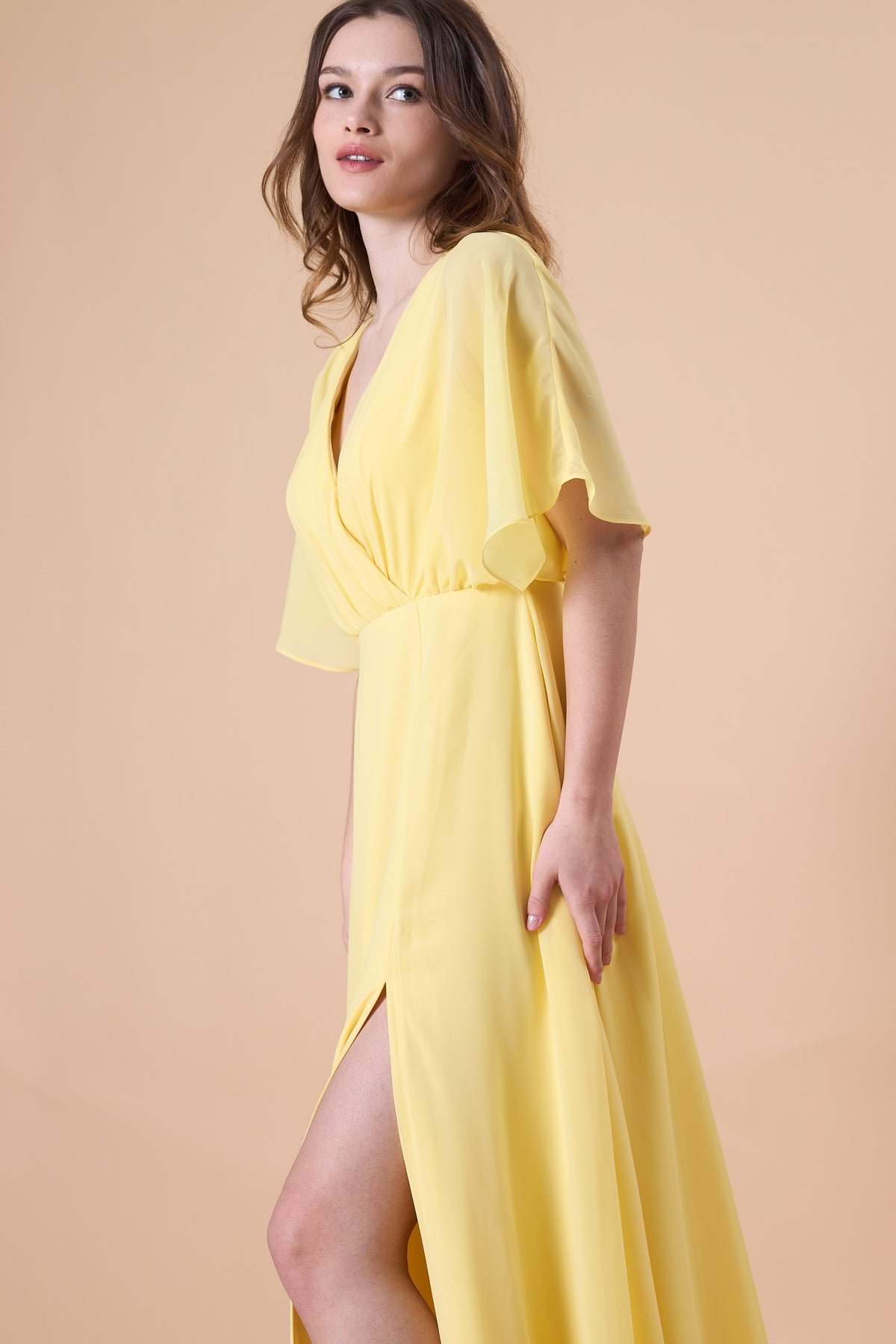 72-Hour Dispatch V-Neck Flutter Sleeve Chiffon Maxi Dress Multi-Color Options High Slit A-Line Floor-Length Evening Gown