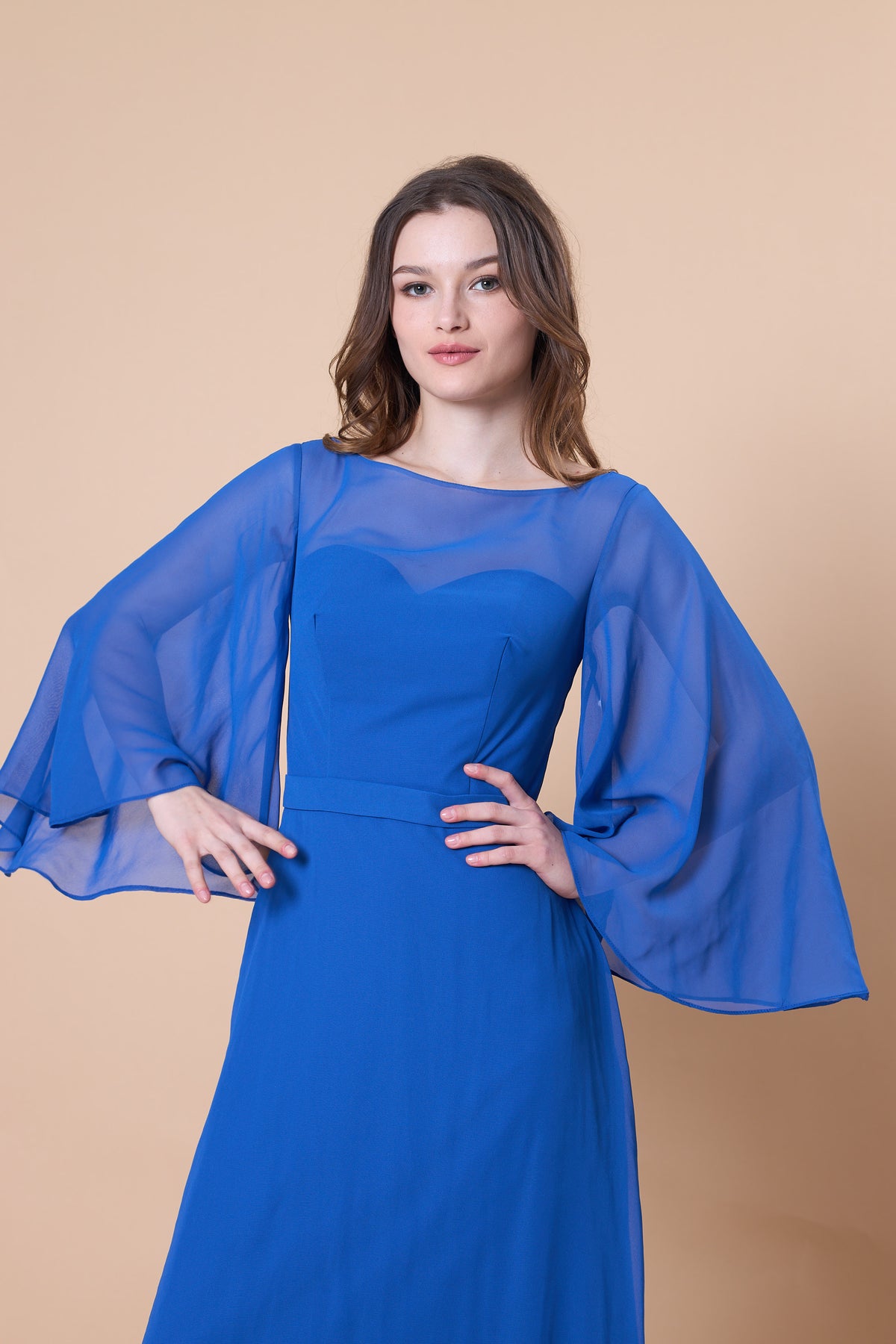72-Hour Dispatch Royal Blue Sheer Bell Sleeve Chiffon A-Line Gown Boat Neck Floor-Length Formal Dress