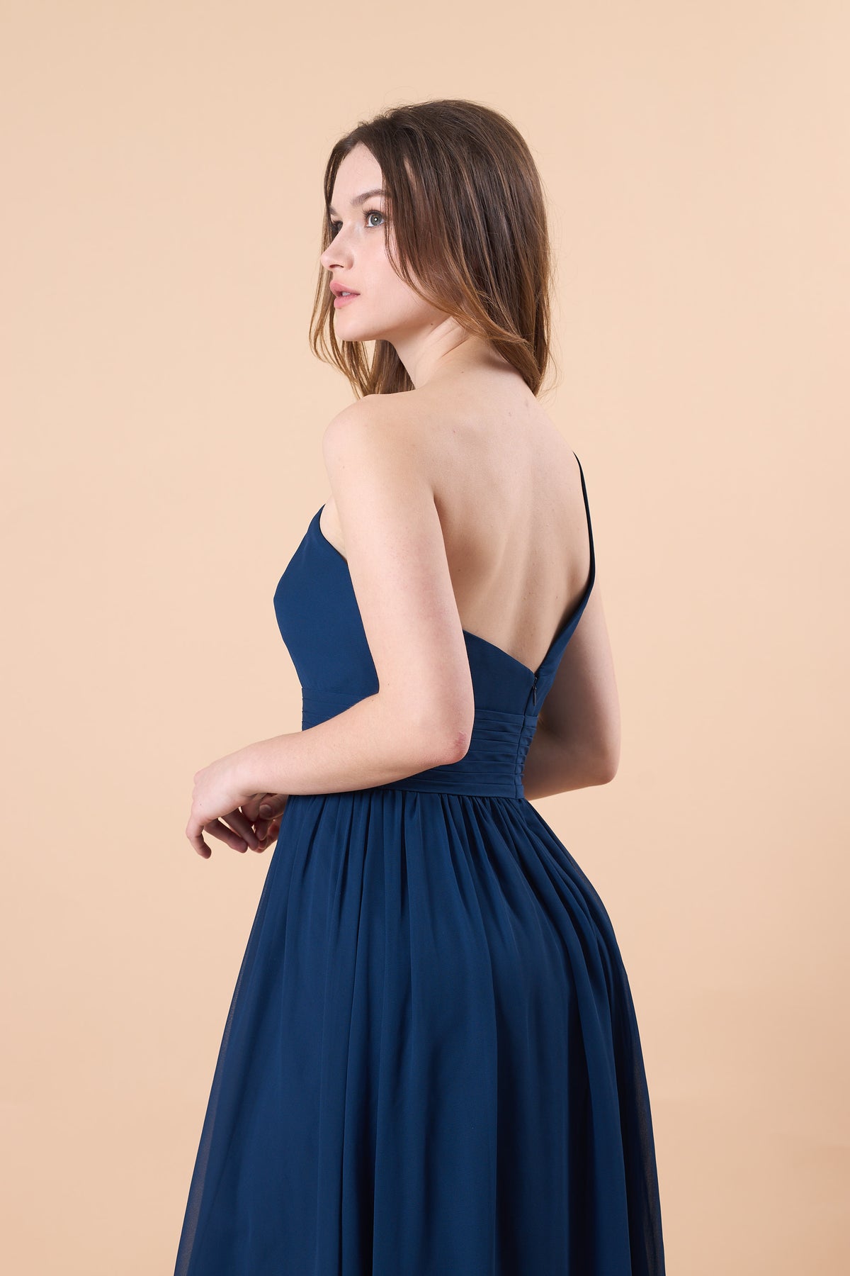 Navy Blue One Shoulder Ruched Chiffon Floor-Length Bridesmaid Dress | US Sizes | Ship in 72 Hours