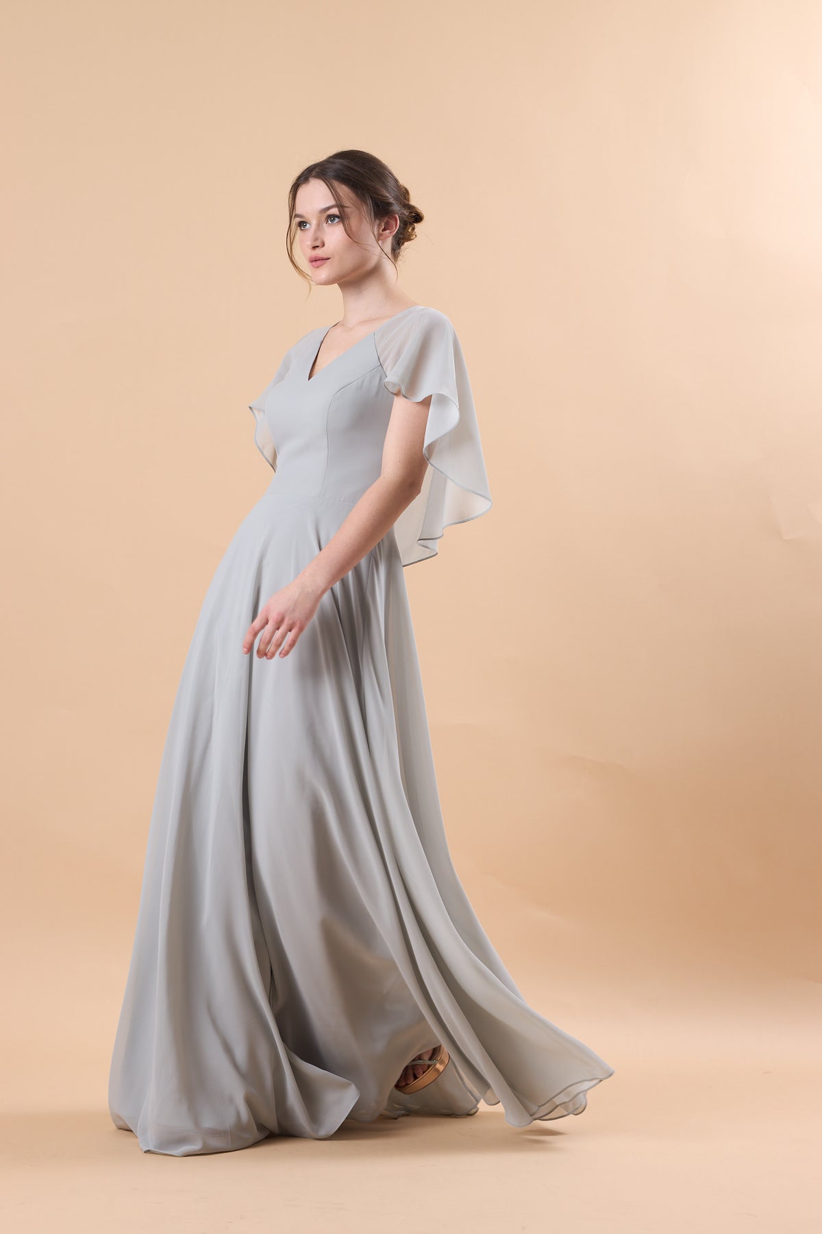 Light Grey V Neck Flutter Sleeve Chiffon Floor-Length Bridesmaid Dress | US Sizes | Ship in 72 Hours