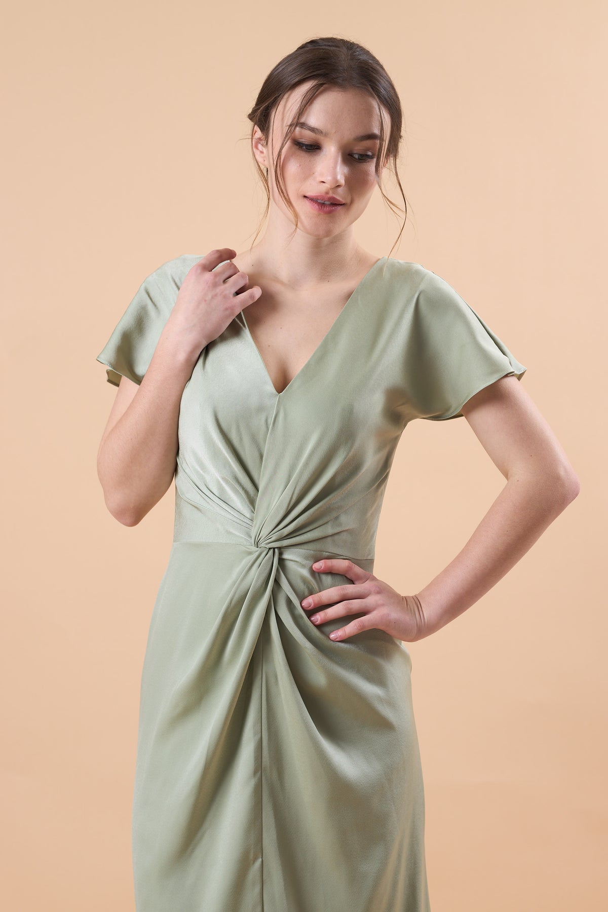 Sage Green V Neck Flutter Sleeve Twist Front Satin Floor-Length Bridesmaid Dress | US Sizes | Ship in 72 Hours
