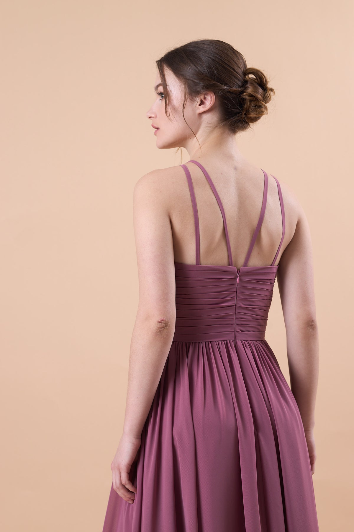 Mauve Halter Pleated Chiffon Floor-Length Bridesmaid Dress | US Sizes | Ship in 72 Hours