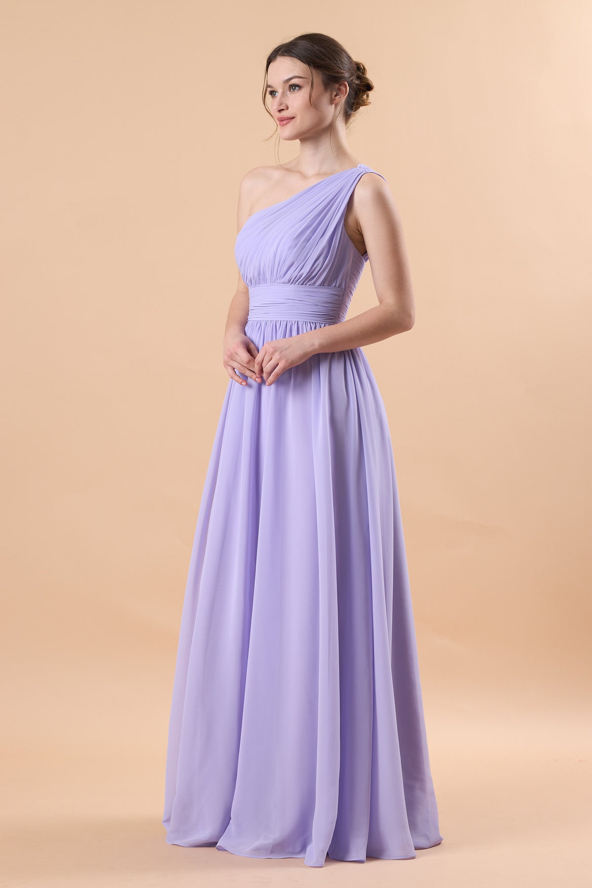 Lavender One Shoulder Ruched Chiffon Floor-Length Bridesmaid Dress | US Sizes | Ship in 72 Hours