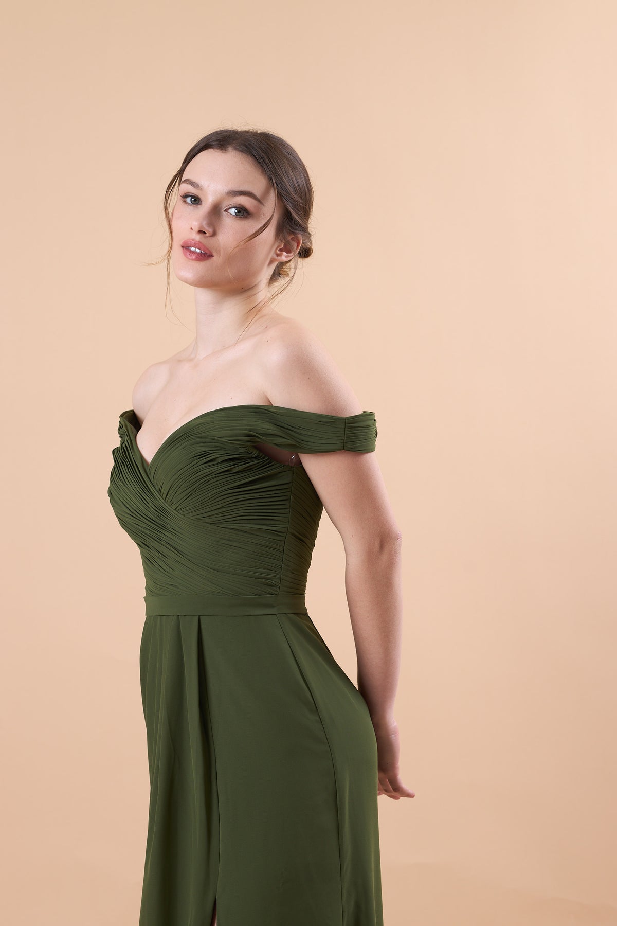 Olive Green Off Shoulder Ruched Chiffon Floor-Length Bridesmaid Dress With High Side Slit | US Sizes | Ship in 72 Hours