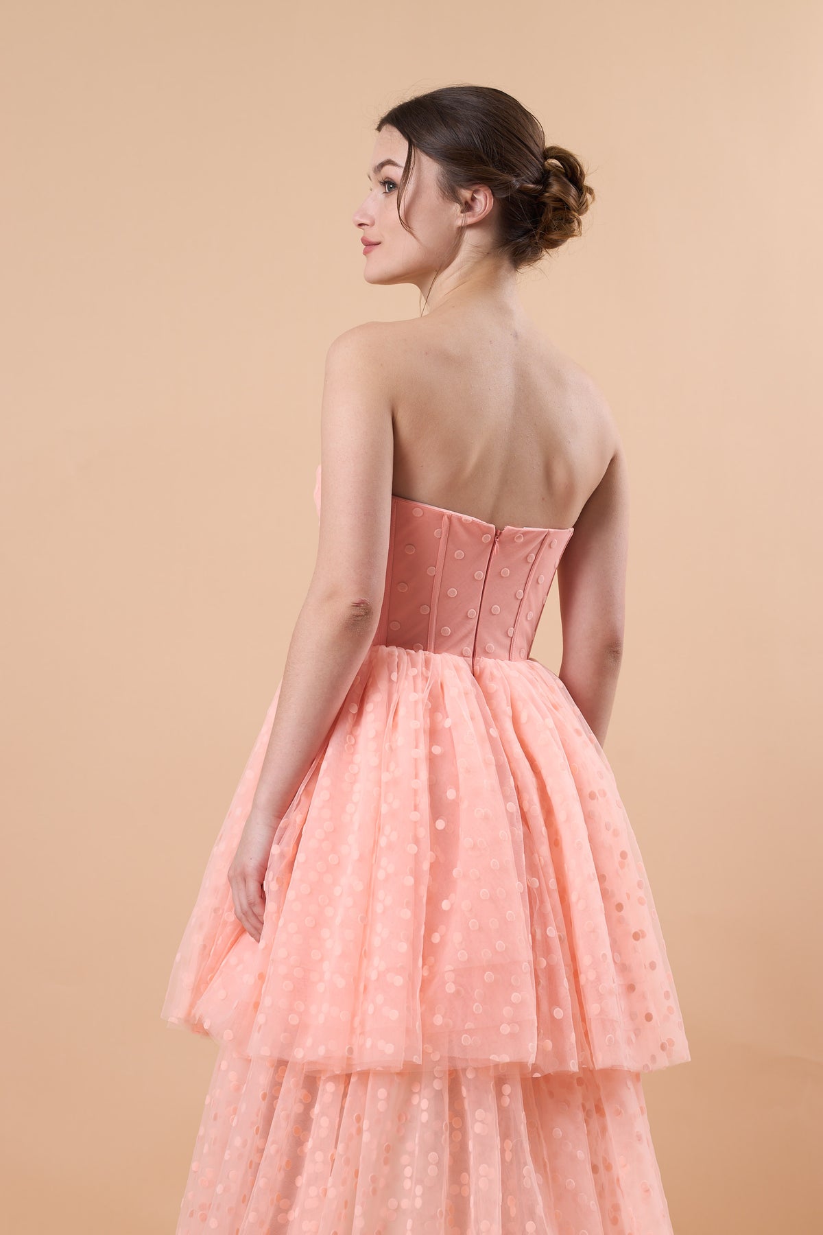Blush Strapless Sweetheart Corset Polka Dot High Low Tulle Formal Gown | US Sizes | Ship in 72 Hours