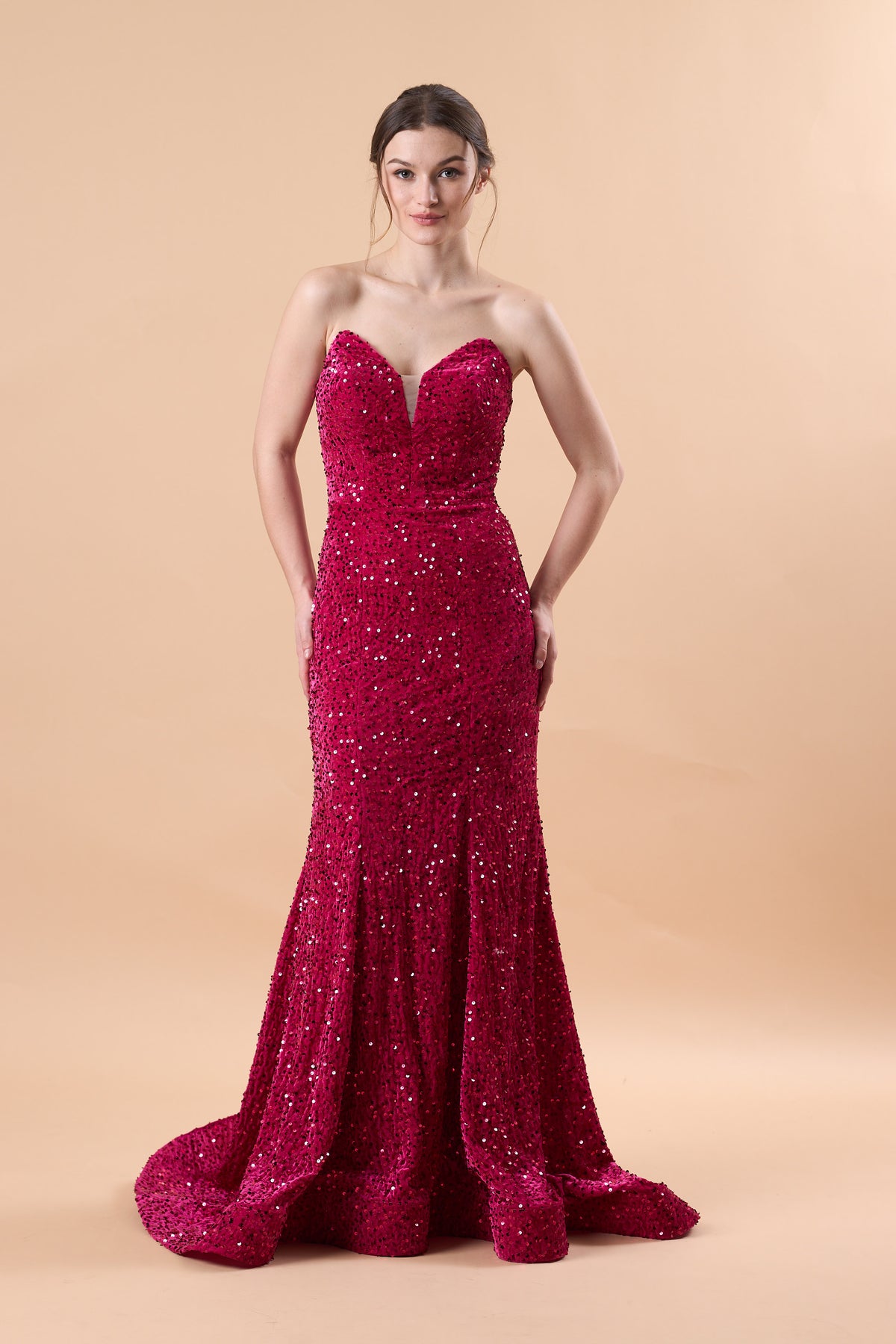 Fuchsia Strapless Sweetheart Sequin Mermaid Train Formal Prom Gown | US Sizes | Ship in 72 Hours