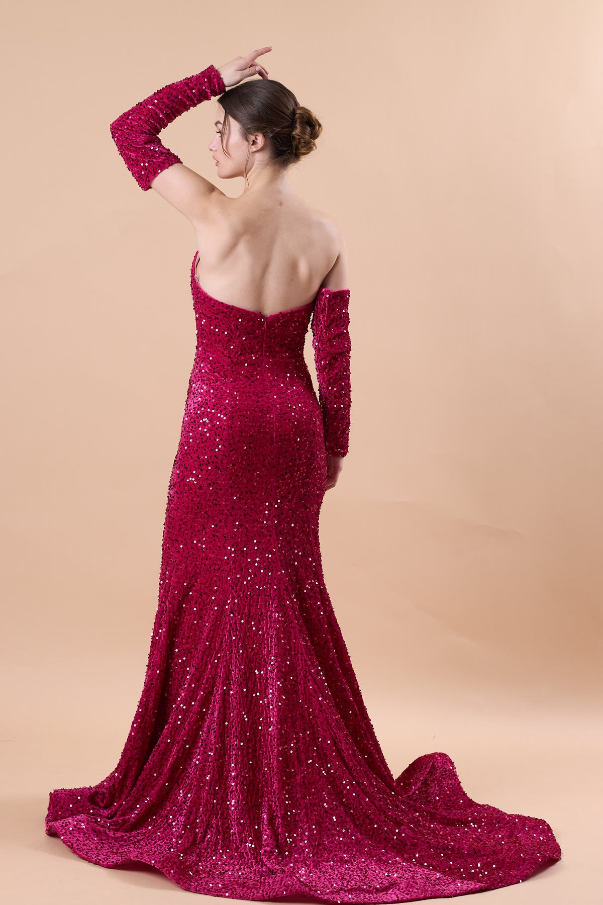 Fuchsia Strapless Sweetheart Detachable Long Sleeve Sequin Mermaid Train Formal Gown | US Sizes | Ship in 72 Hours