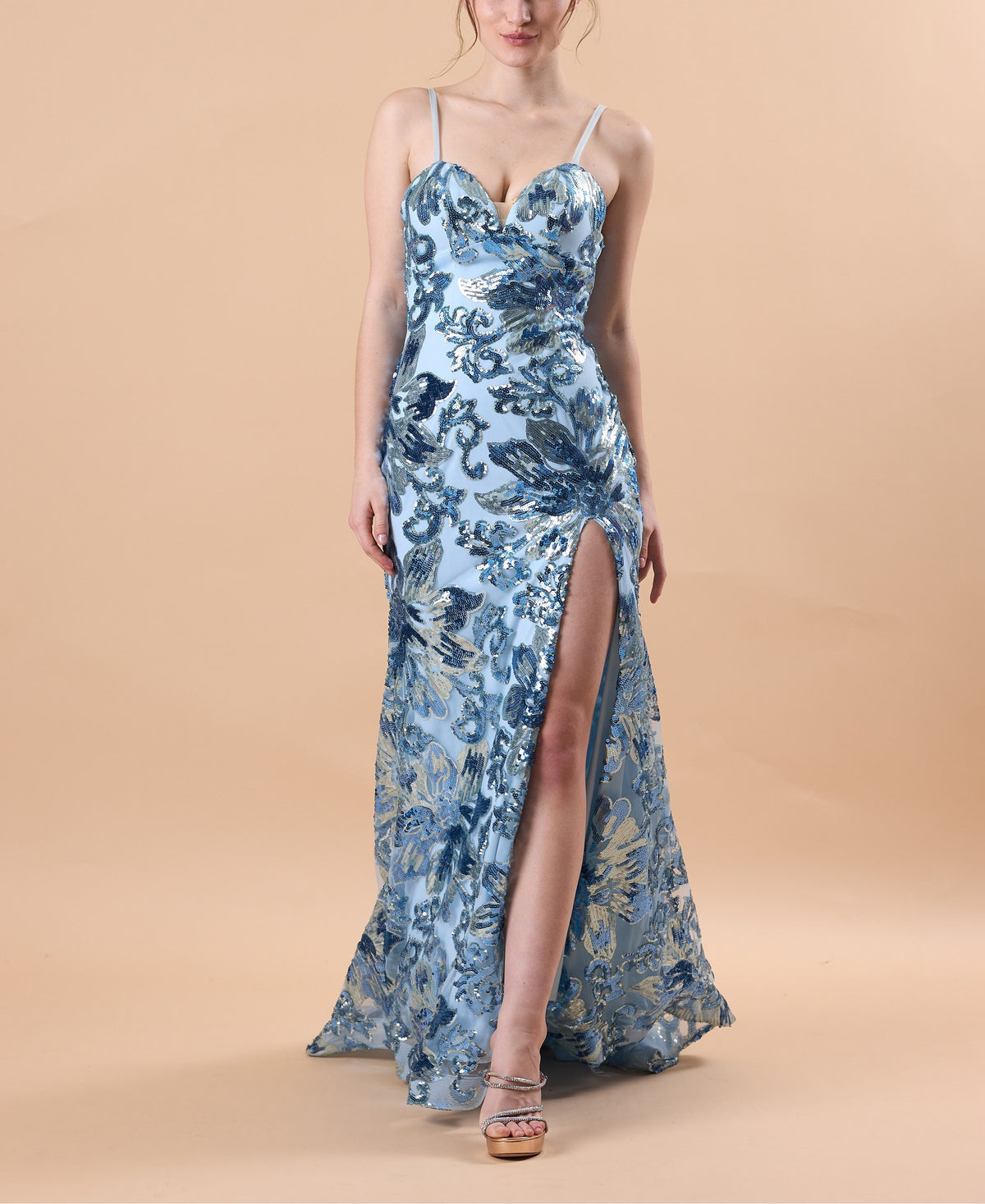 72‑Hour Dispatch Light Blue Floral Sequin Mermaid Prom Dress Sweetheart Spaghetti Strap High Slit Evening Gown