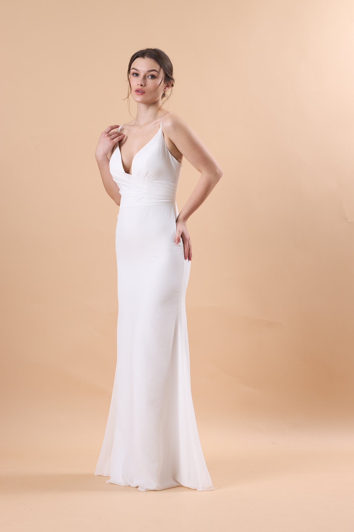 72‑Hour Dispatch White Spaghetti Strap Chiffon Long Bridesmaid Dress V‑Neck Mermaid Formal Gown