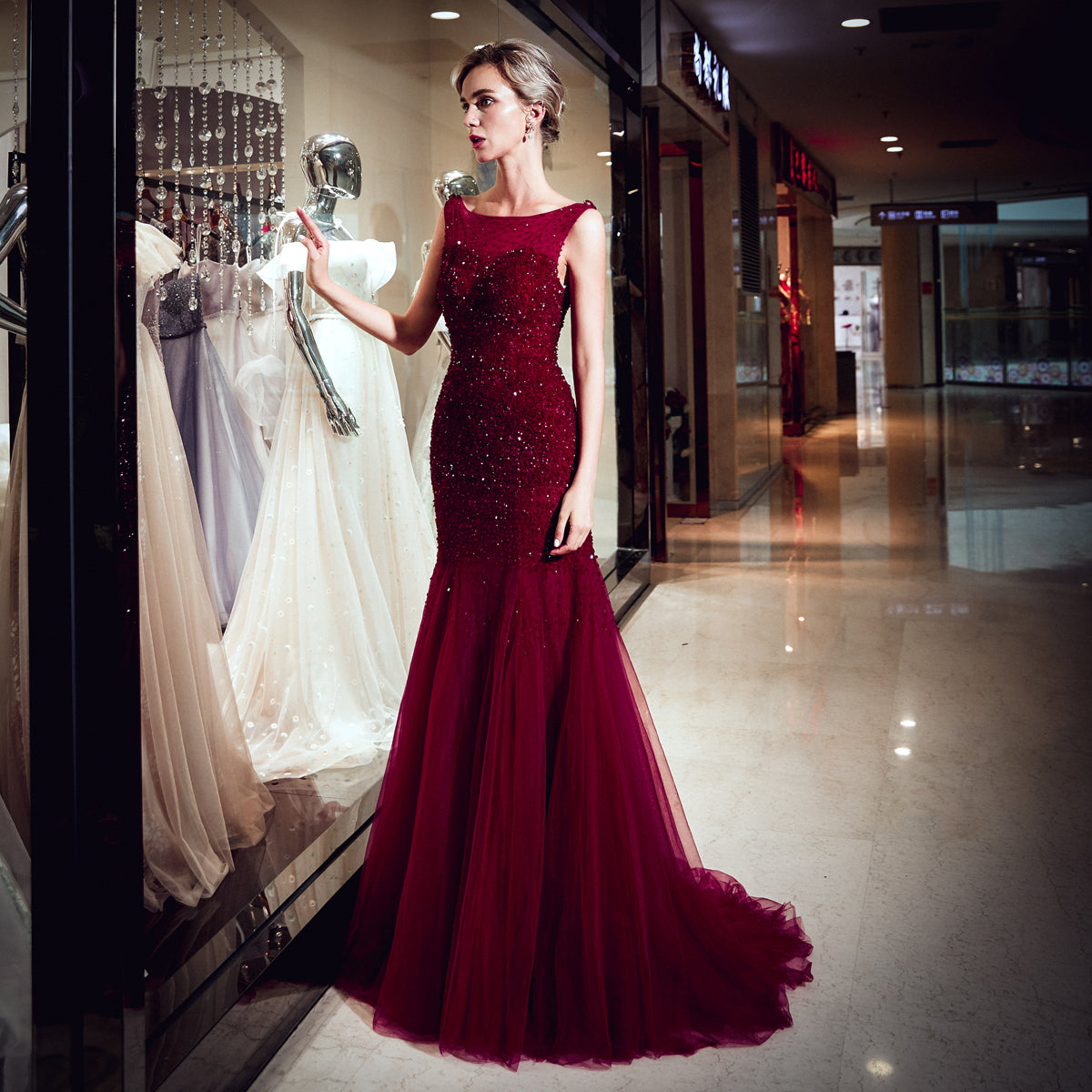 7-Day Dispatch Boat Neck Sleeveless Burgundy Beaded Mermaid Gown Draped Beaded Back Sheer Tulle Train Evening Dress