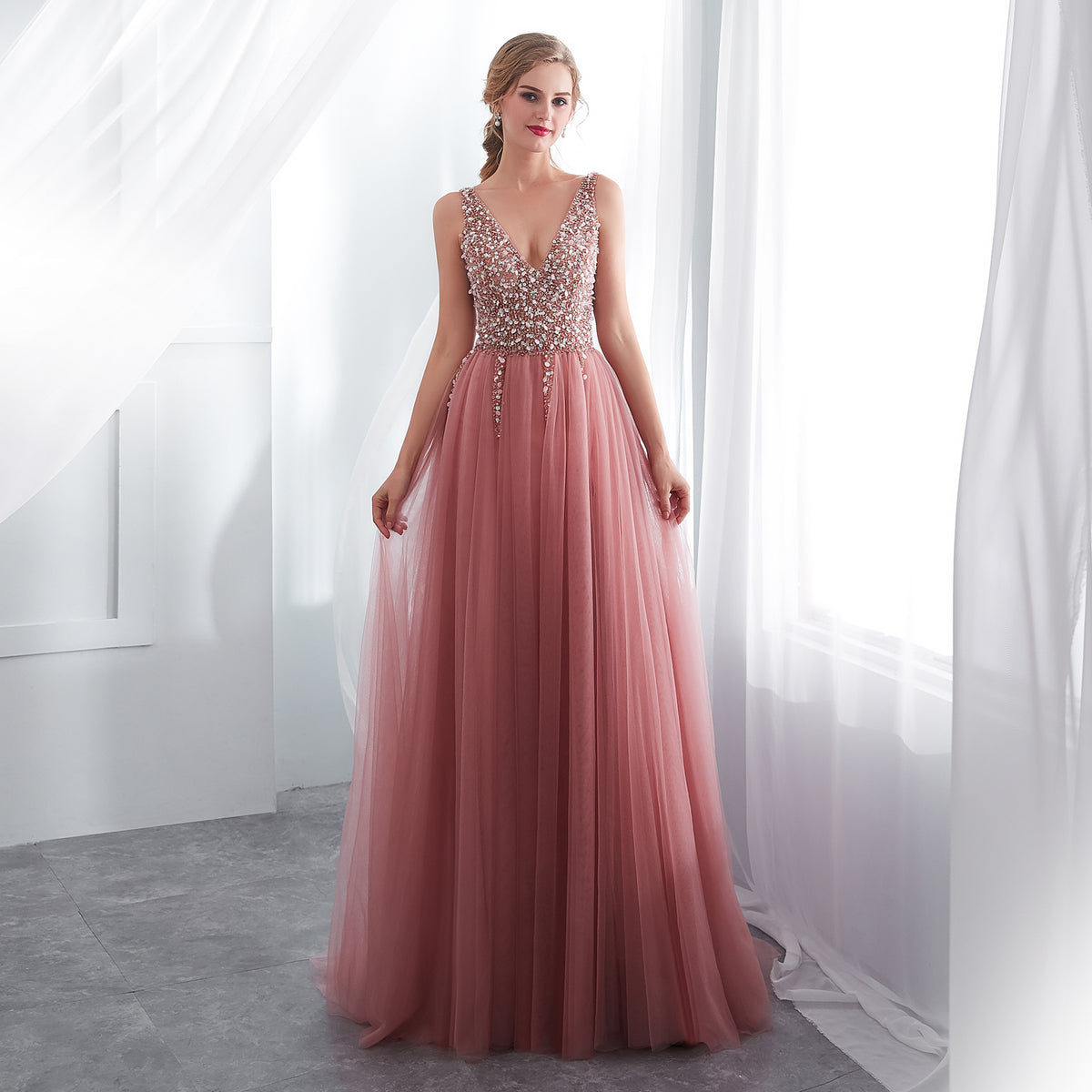 7-Day Dispatch Deep V-Neck Sleeveless Dusty Pink Beaded Bodice Tulle Evening Gown High Slit Open Back Prom Dress