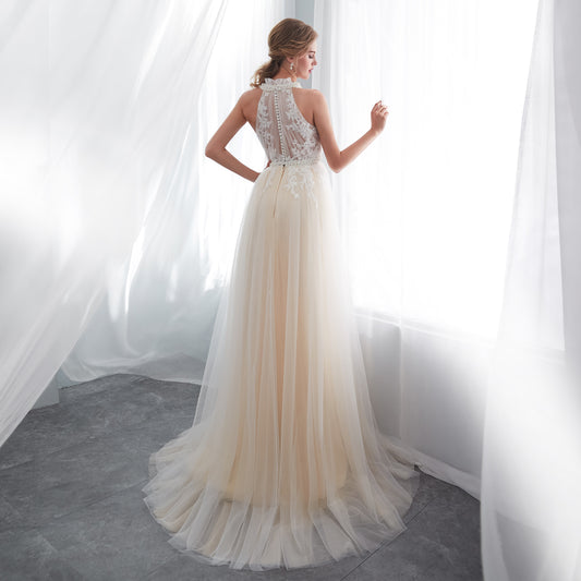 7-Day Dispatch Halter High Neck Pearl Collar Ivory Champagne Tulle A-Line Wedding Dress Illusion Lace Corset Back Bridal Gown