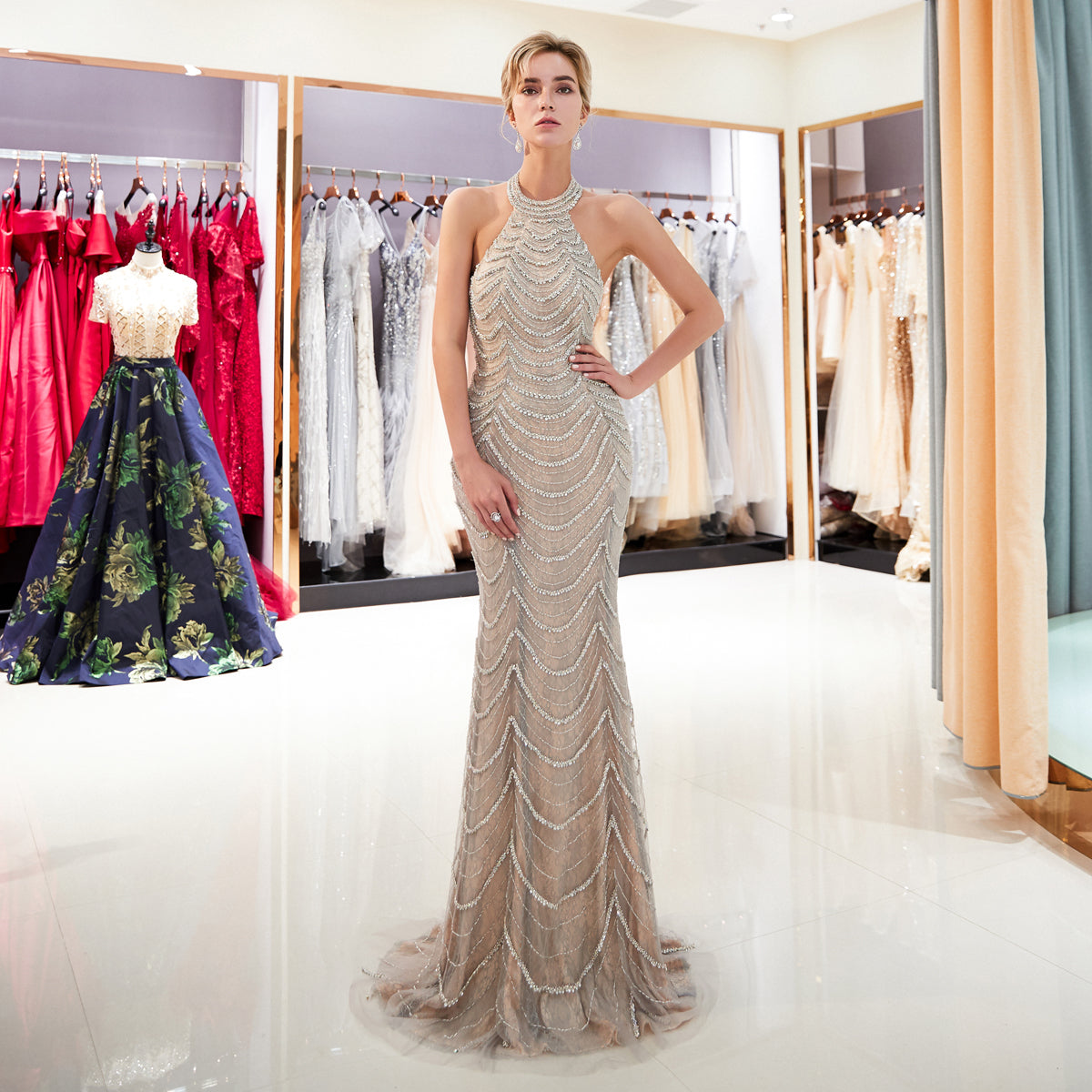 7-Day Dispatch Halter Neck Sleeveless Champagne Beaded Wave Pattern Mermaid Gown Open Back Sheer Tulle Train Evening Dress