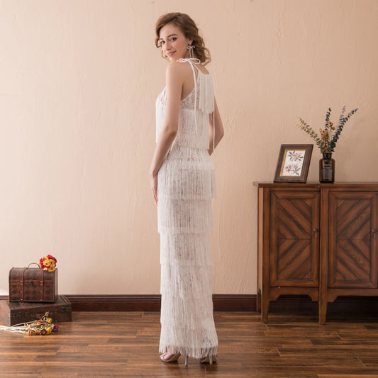 7-Day Dispatch Halter Neck White Sheer Lace Panel Tiered Long Fringe Sheath Evening Dress 1920s Vintage Style Party Gown