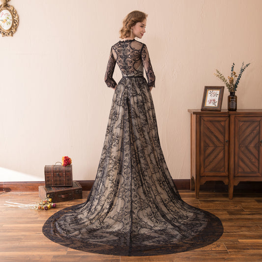 7-Day Dispatch High Neck 3/4 Sleeve Black Floral Lace Evening Gown Sheer Nude Lining A-Line Sweep Train Dress