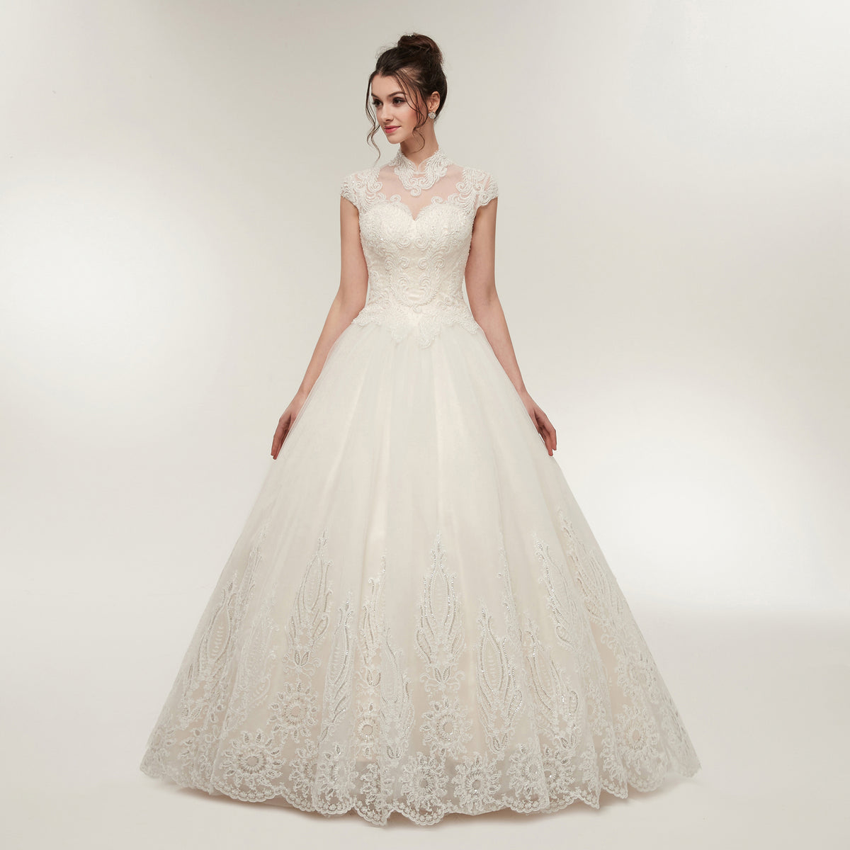 7-Day Dispatch High Neck Illusion Sweetheart White Lace Tulle Ball Gown Keyhole Back Lace-up Wedding Dress