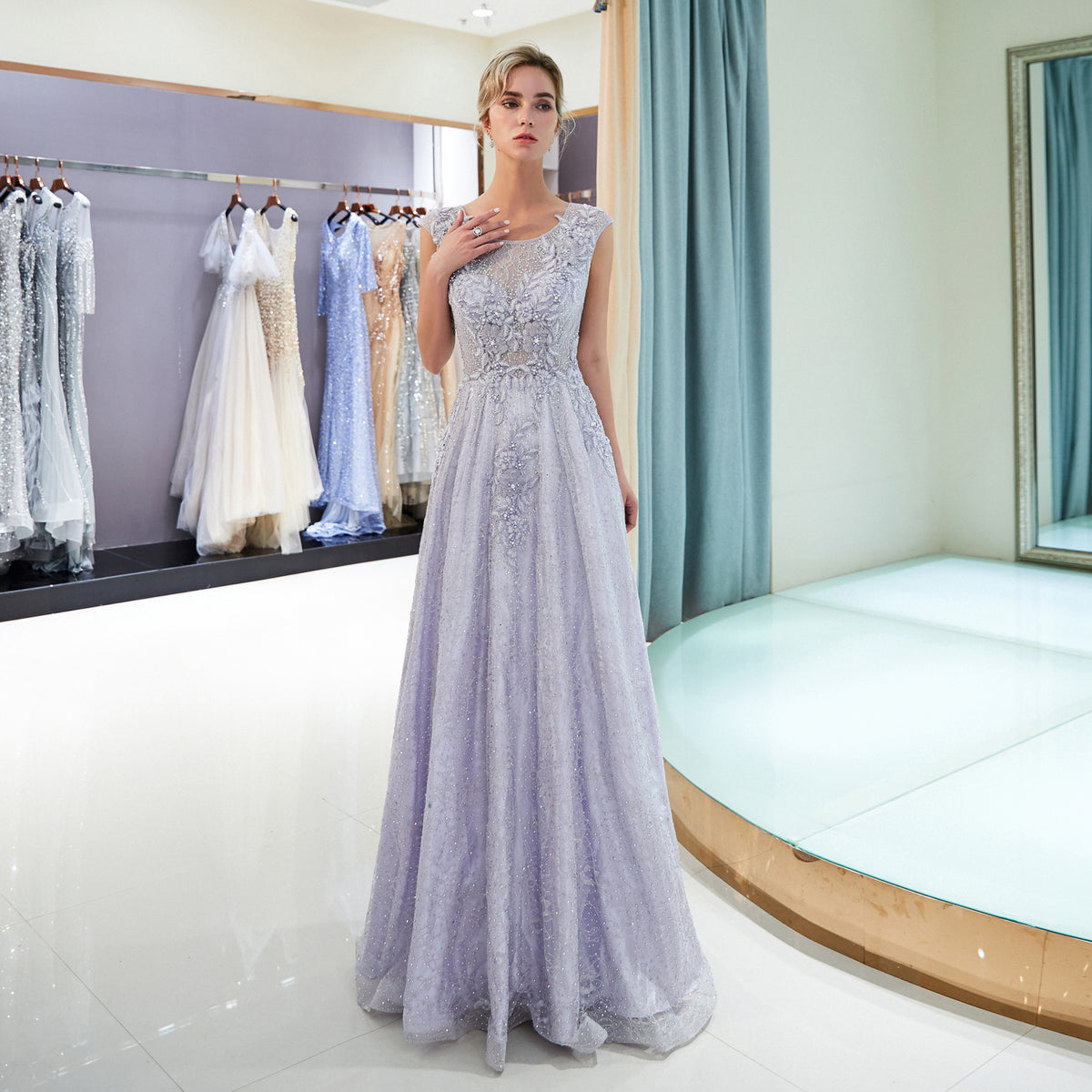 7-Day Dispatch Illusion Neckline Cap Sleeve Lavender Lace Applique Sequin Tulle A-Line Gown Hidden Zipper Formal Dress