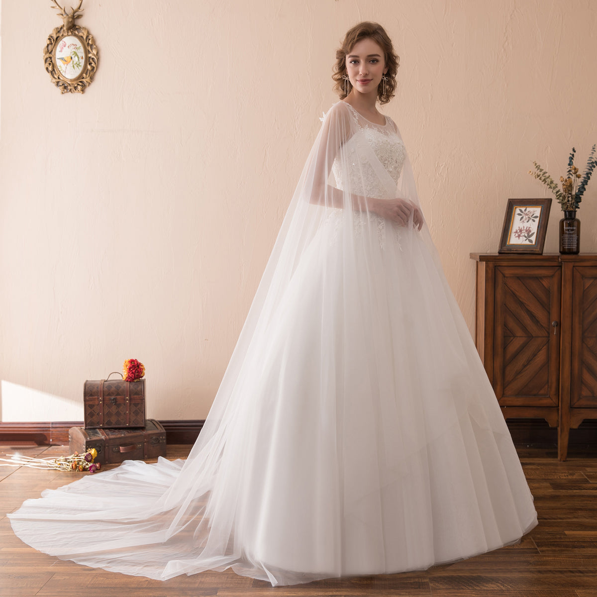7-Day Dispatch Illusion Neckline Sheer Flowing Sleeves White Lace Tulle A-Line Wedding Dress Lace-up Back Train Gown