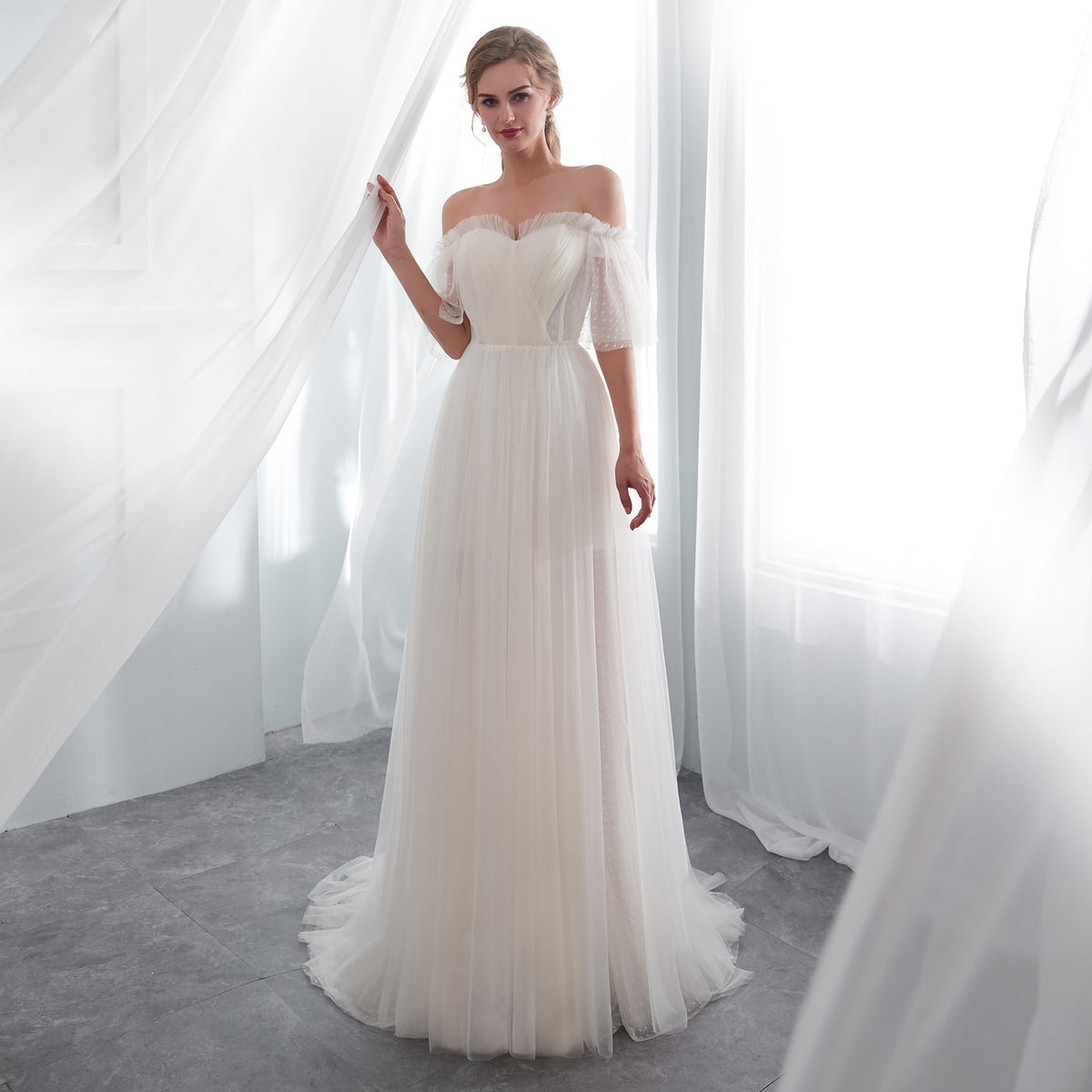 7-Day Dispatch Off-the-Shoulder Sweetheart Ivory Polka Dot Tulle Ball Gown Sheer Draped Sleeves Wedding Dress
