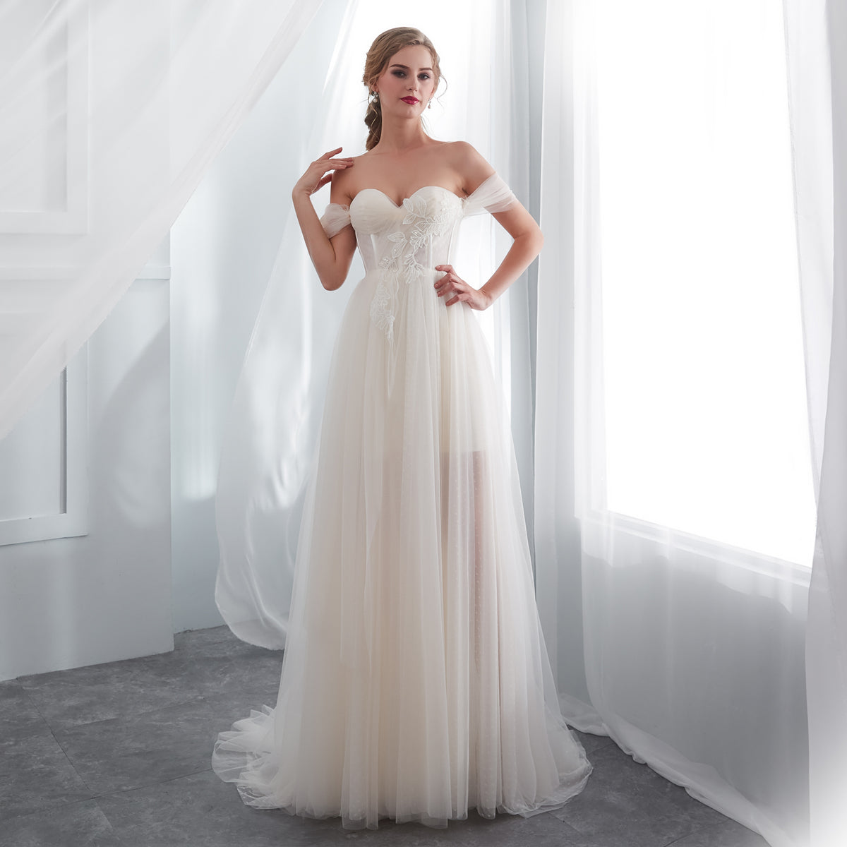 7-Day Dispatch Off-the-Shoulder Sweetheart Ivory Tulle A-Line Wedding Dress Draped Sleeves Corset Back Bridal Gown