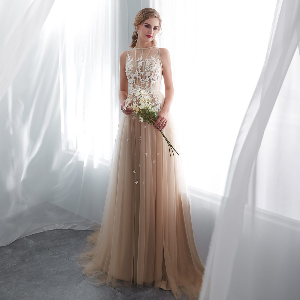 7-Day Dispatch Sleeveless Illusion Neckline Champagne Tulle A-Line Wedding Dress White Floral Applique Open Back Sweeping Train Bridal Gown