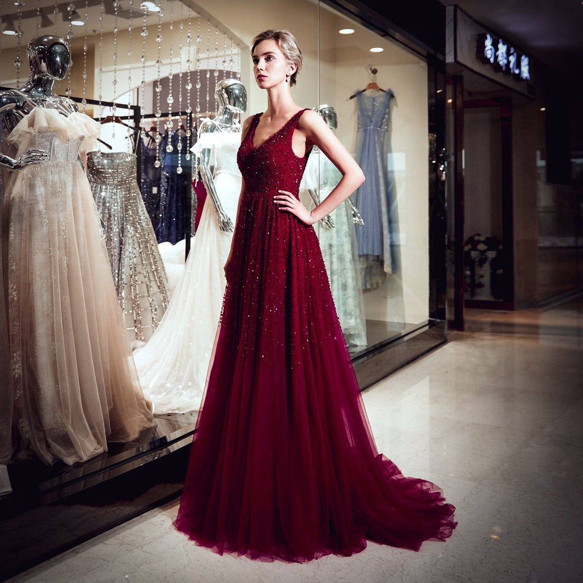 7-Day Dispatch V-Neck Sleeveless Burgundy Beaded Bodice Tulle A-Line Gown V-Back Pleated Skirt Sweeping Train Evening Dress