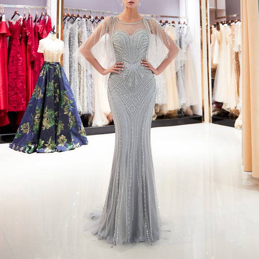 7-Day Dispatch Sheer Beaded Cape Sleeve Illusion Neck Beaded Mermaid Gown Two Colors (Champagne & Silver Grey) V-Back Sequin Tulle Train Evening Dress