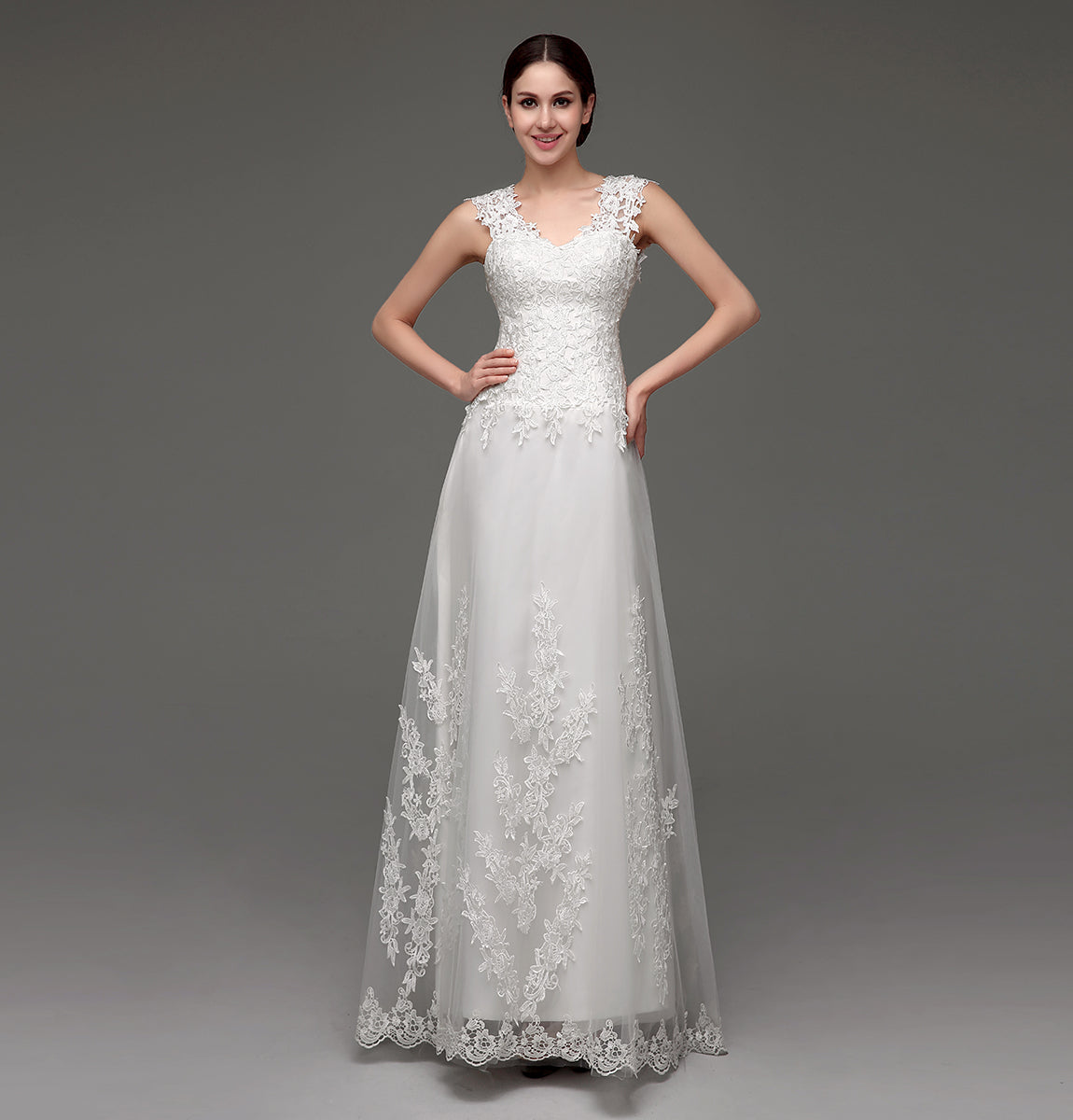 72‑Hour Dispatch Lace Appliqué Tulle Wedding Dress, V‑Neck Cap Sleeve Sheer Back Bridal Gown