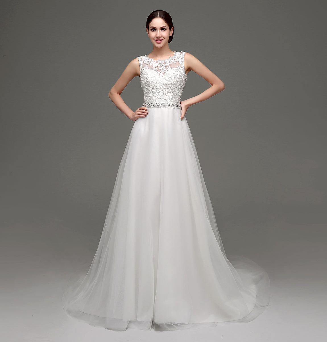 7‑Day Dispatch Sleeveless Illusion Neck Lace Tulle A‑Line Wedding Dress Beaded Waist Bridal Gown