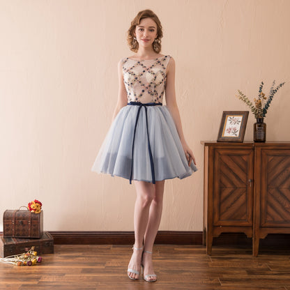 7-Day Dispatch Illusion Neckline Floral Embroidered Light Blue Tulle Short Prom Dress Lace-up Back Cocktail Dress