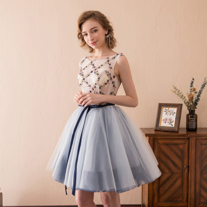 7-Day Dispatch Illusion Neckline Floral Embroidered Light Blue Tulle Short Prom Dress Lace-up Back Cocktail Dress