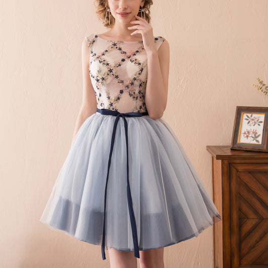 7-Day Dispatch Illusion Neckline Floral Embroidered Light Blue Tulle Short Prom Dress Lace-up Back Cocktail Dress