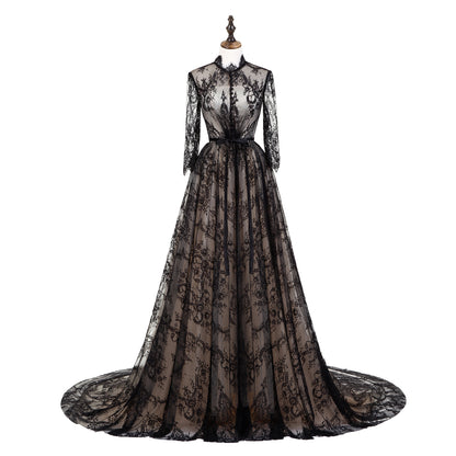 7-Day Dispatch High Neck 3/4 Sleeve Black Floral Lace Evening Gown Sheer Nude Lining A-Line Sweep Train Dress