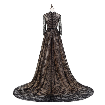 7-Day Dispatch High Neck 3/4 Sleeve Black Floral Lace Evening Gown Sheer Nude Lining A-Line Sweep Train Dress