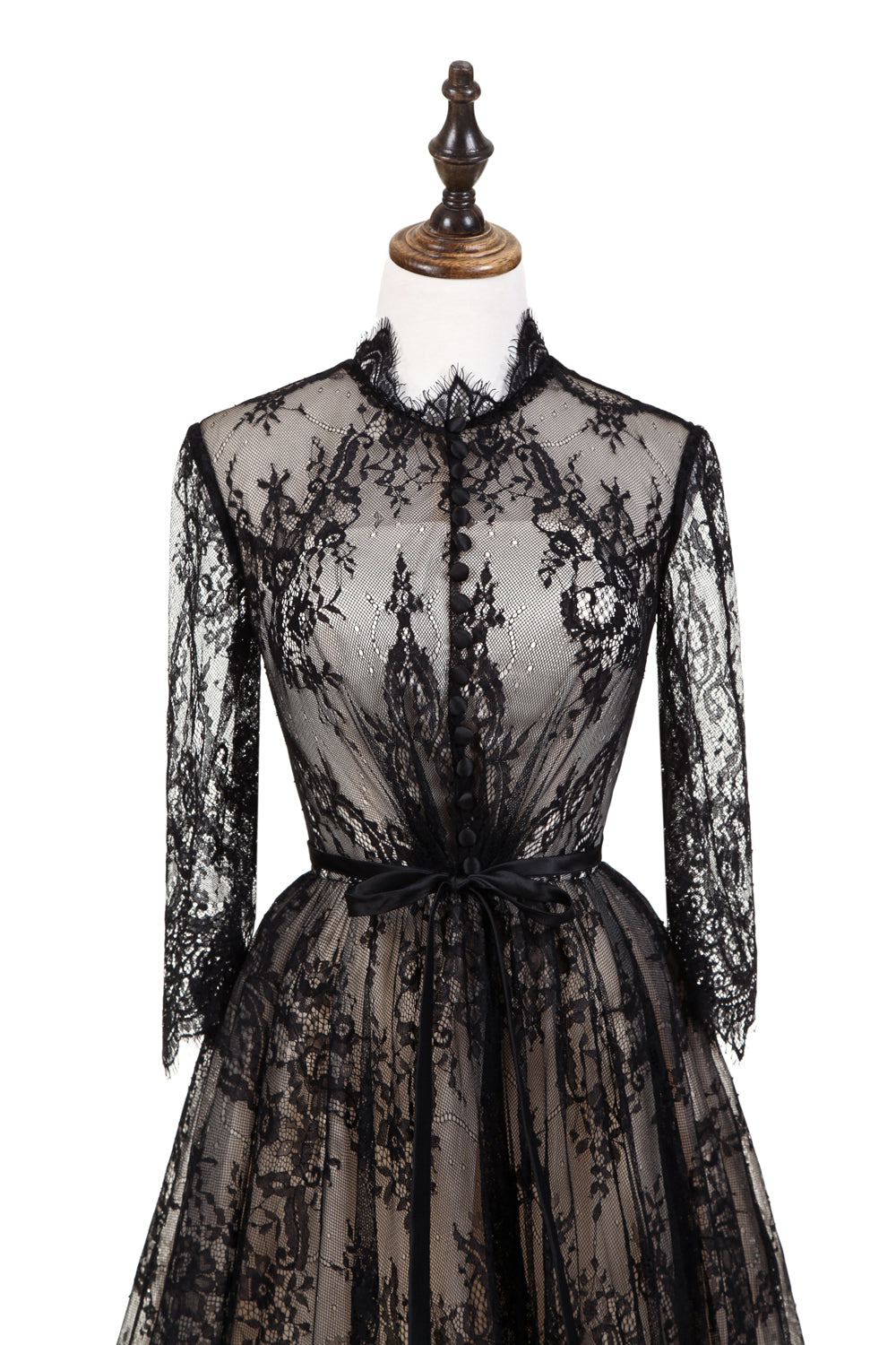 7-Day Dispatch High Neck 3/4 Sleeve Black Floral Lace Evening Gown Sheer Nude Lining A-Line Sweep Train Dress