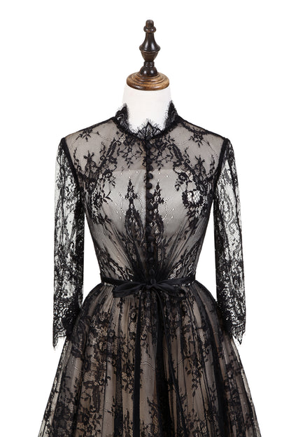 7-Day Dispatch High Neck 3/4 Sleeve Black Floral Lace Evening Gown Sheer Nude Lining A-Line Sweep Train Dress