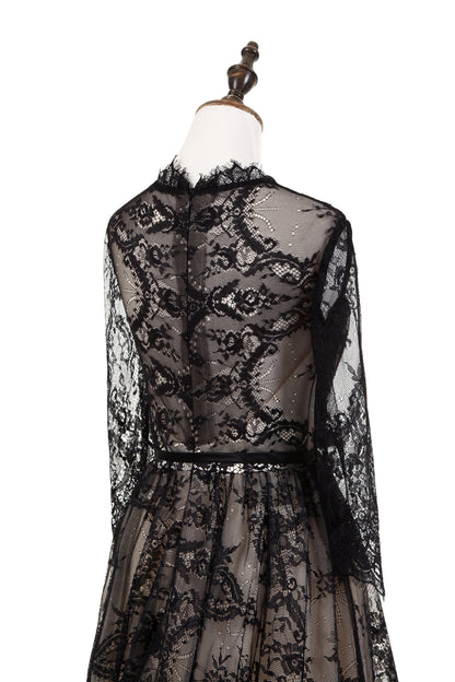 7-Day Dispatch High Neck 3/4 Sleeve Black Floral Lace Evening Gown Sheer Nude Lining A-Line Sweep Train Dress