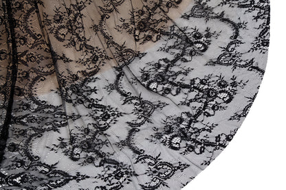 7-Day Dispatch High Neck 3/4 Sleeve Black Floral Lace Evening Gown Sheer Nude Lining A-Line Sweep Train Dress
