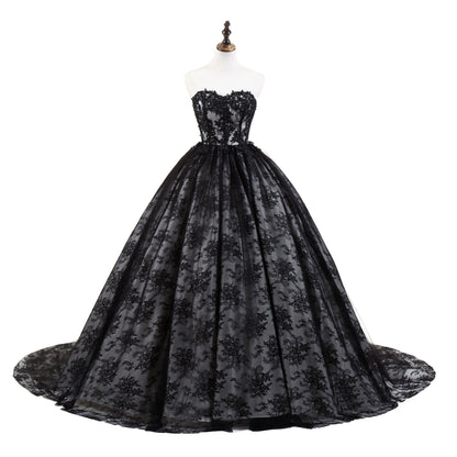 7-Day Dispatch Strapless Sweetheart Black Lace Tulle Ball Gown Lace-up Back Prom Dress
