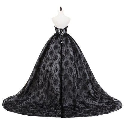 7-Day Dispatch Strapless Sweetheart Black Lace Tulle Ball Gown Lace-up Back Prom Dress