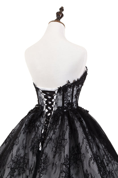 7-Day Dispatch Strapless Sweetheart Black Lace Tulle Ball Gown Lace-up Back Prom Dress