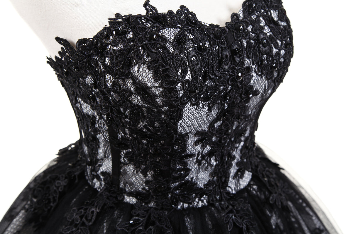 7-Day Dispatch Strapless Sweetheart Black Lace Tulle Ball Gown Lace-up Back Prom Dress