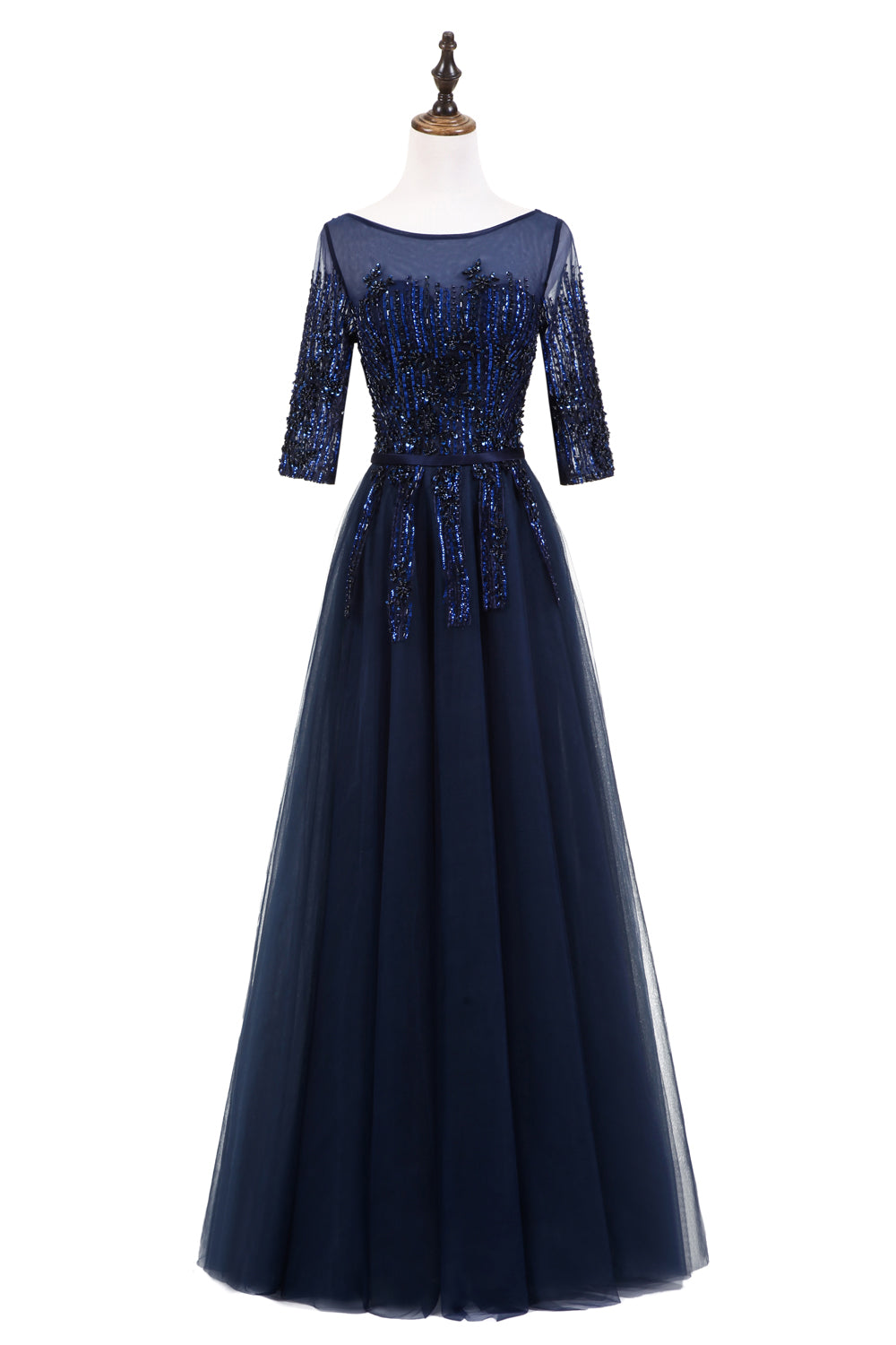 7-Day Dispatch Illusion Neckline Half Sleeve Navy Blue Beaded Tulle A-Line Evening Gown Lace-up Back Formal Dress