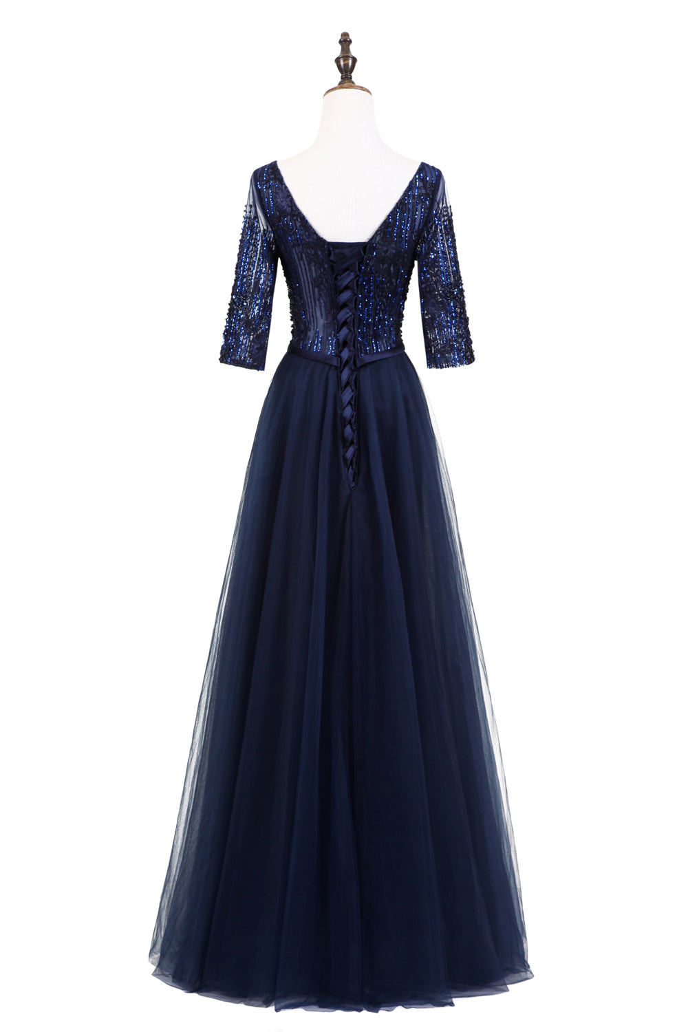 7-Day Dispatch Illusion Neckline Half Sleeve Navy Blue Beaded Tulle A-Line Evening Gown Lace-up Back Formal Dress