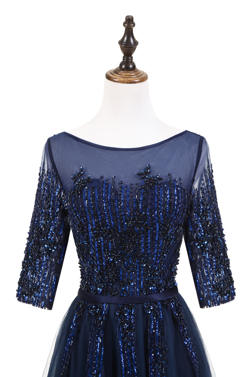 7-Day Dispatch Illusion Neckline Half Sleeve Navy Blue Beaded Tulle A-Line Evening Gown Lace-up Back Formal Dress
