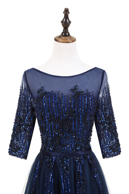 7-Day Dispatch Illusion Neckline Half Sleeve Navy Blue Beaded Tulle A-Line Evening Gown Lace-up Back Formal Dress