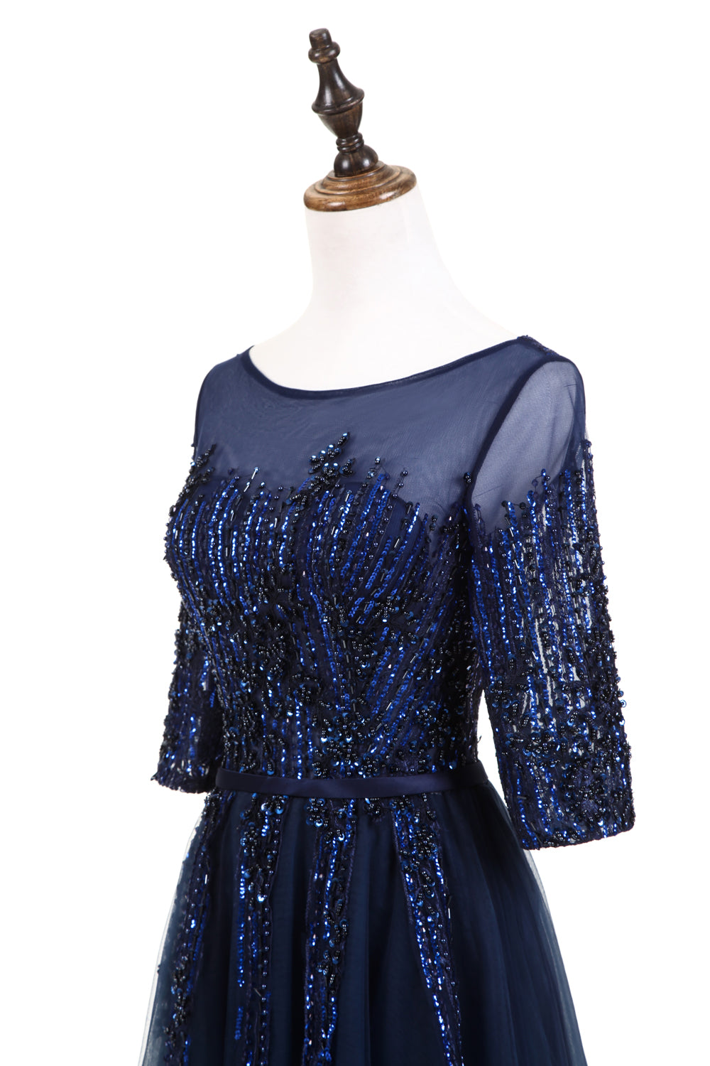 7-Day Dispatch Illusion Neckline Half Sleeve Navy Blue Beaded Tulle A-Line Evening Gown Lace-up Back Formal Dress