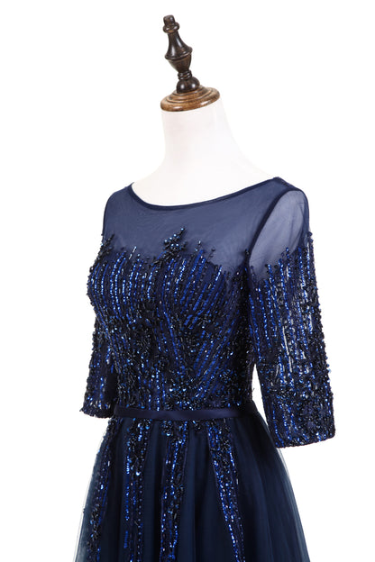 7-Day Dispatch Illusion Neckline Half Sleeve Navy Blue Beaded Tulle A-Line Evening Gown Lace-up Back Formal Dress